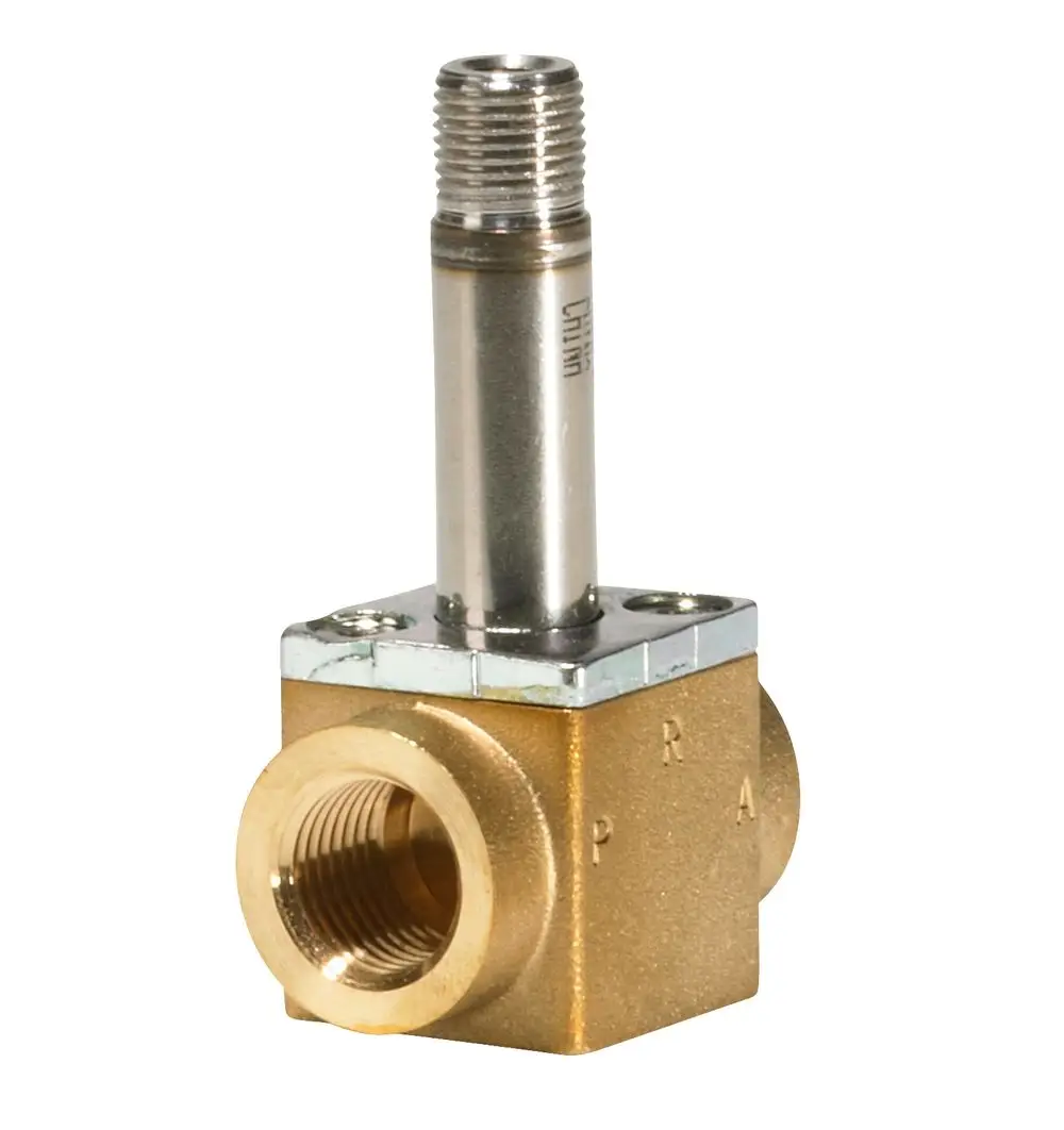 Magnetventil mit metallener Bauweise, einem zylindrischen Anschluss und einem quadratischen Gehäuse, hergestellt von Danfoss.